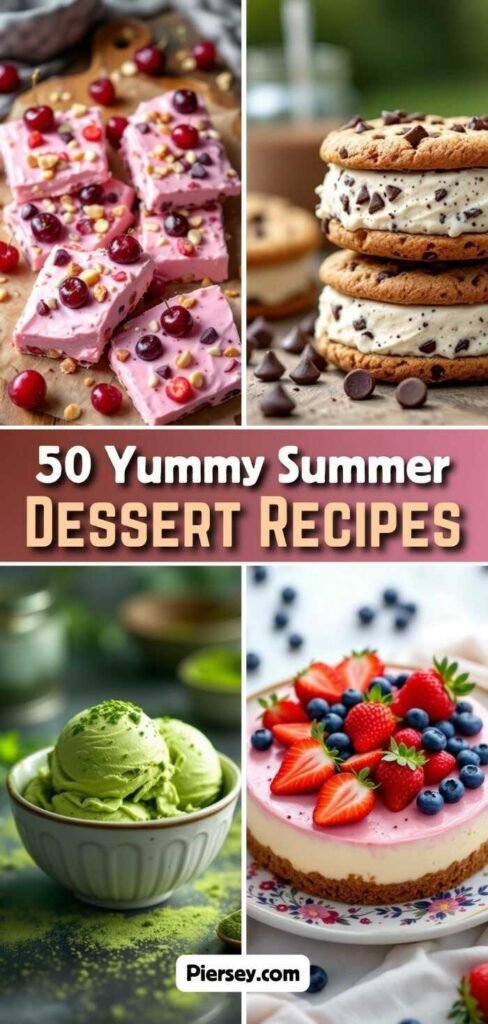 Collage of summer desserts: berry-topped cheesecake, green matcha ice cream, cherry nut bars, and chocolate chip ice cream sandwiches. Text reads “50 Yummy Summer Dessert Recipes.”