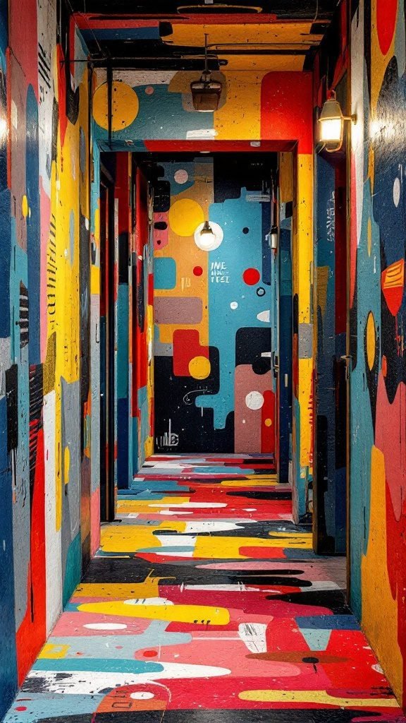 A colorful abstract mural in a hallway with vibrant patterns and shapes.