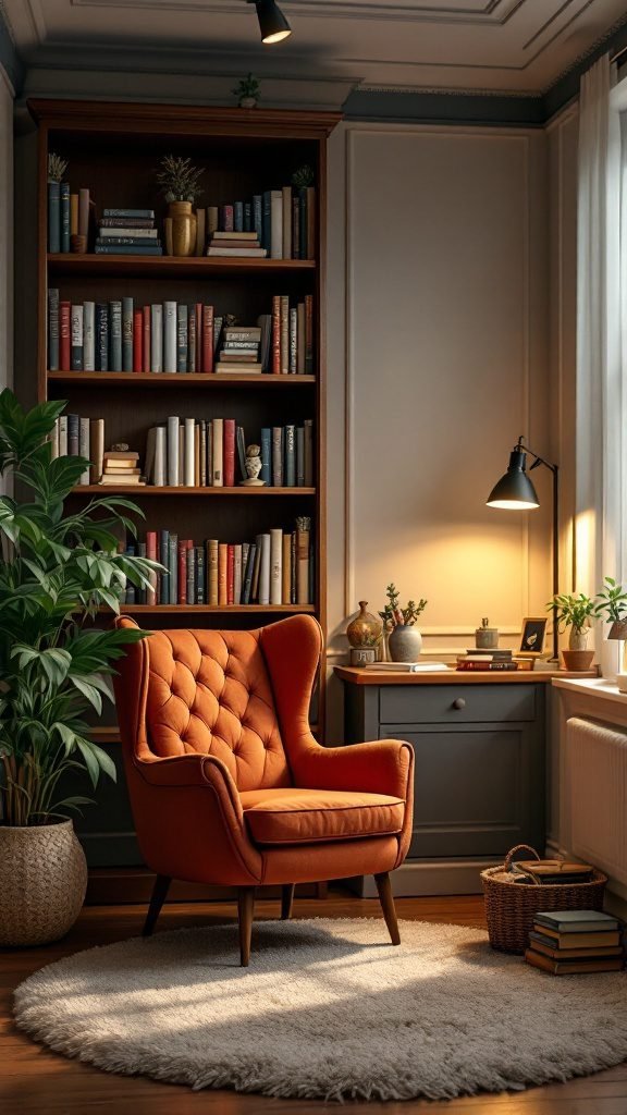 A cozy home office corner featuring a stylish orange armchair, wall-mounted bookshelves filled with books, and decorative plants.