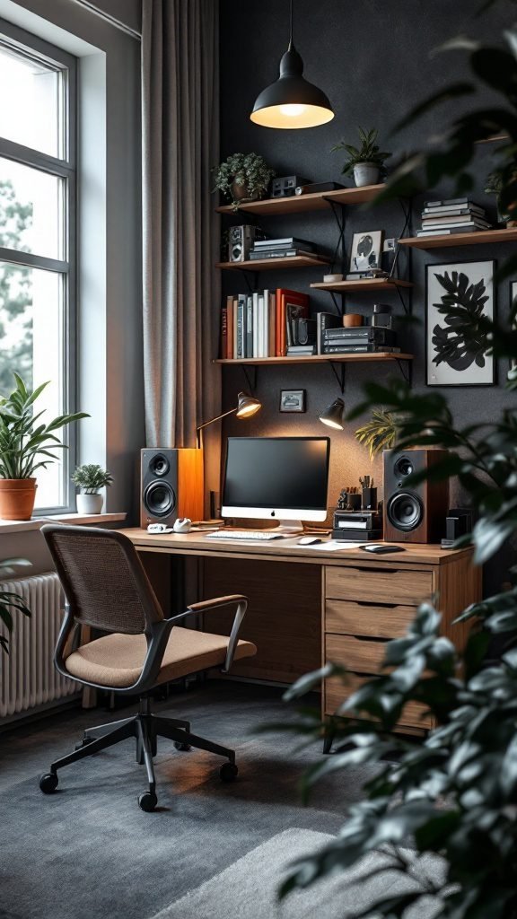 A stylish small home office with a computer, books, plants, and speakers, designed for productivity.