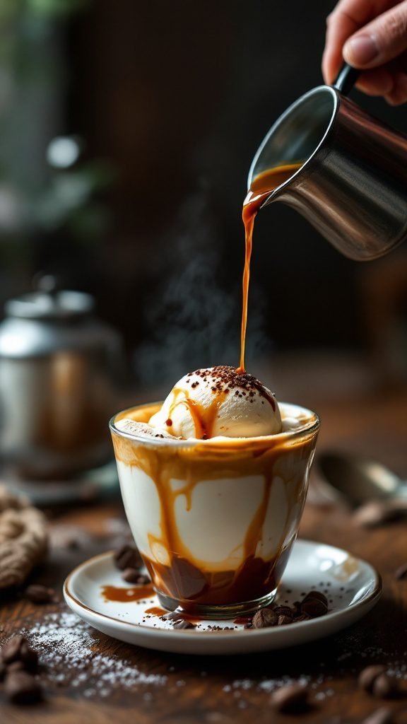 Affogato dessert with espresso poured over vanilla ice cream, garnished with chocolate shavings