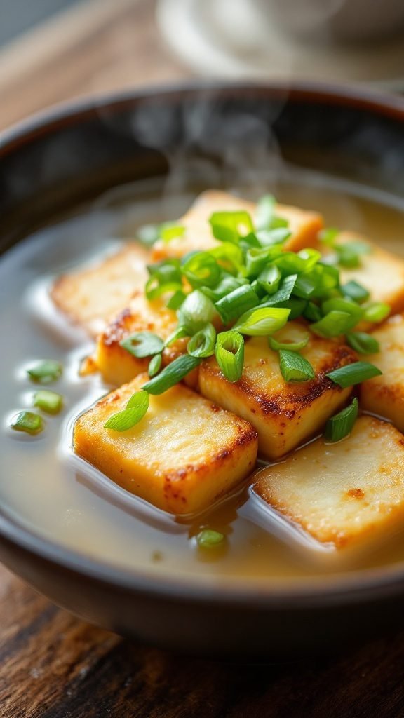 A bowl of agedashi tofu topped with green onions in a savory broth.