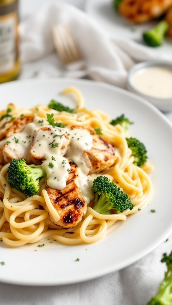 A plate of fettuccine topped with grilled chicken, broccoli, and Alfredo sauce.