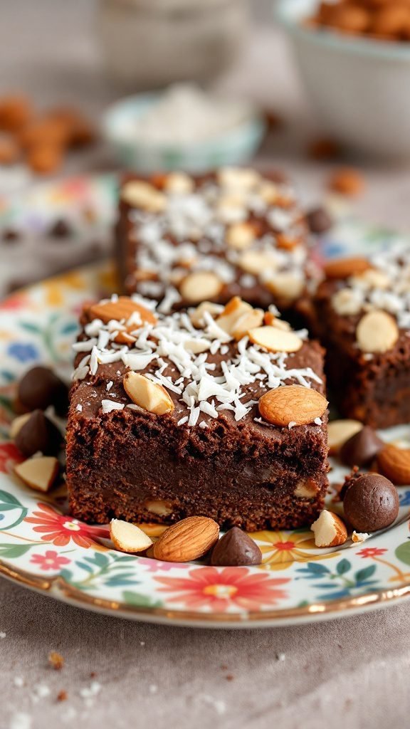 Decadent Almond Joy Brownies topped with coconut and almonds.