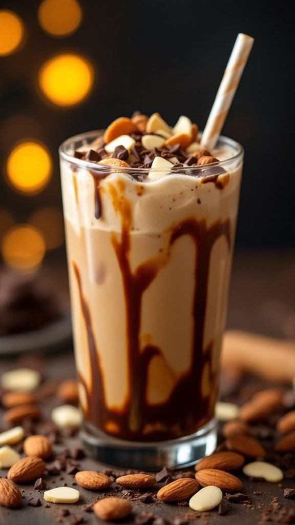 A delicious Almond Joy Iced Coffee topped with whipped cream and nuts.