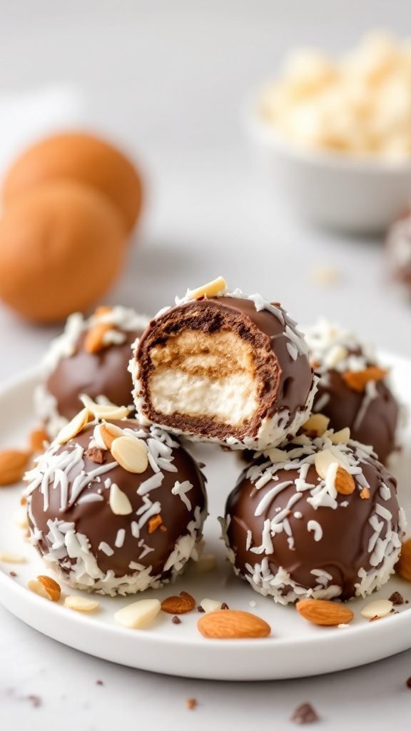 A plate of no-bake chocolate almond bites coated in coconut and topped with almonds.
