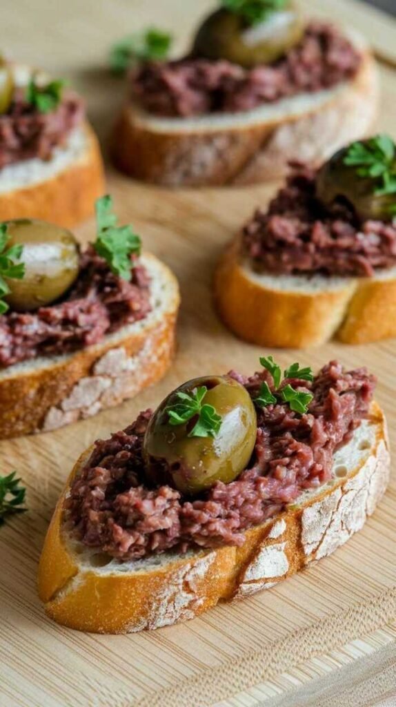 Delicious anchovy tapenade spread on toasted crostini with olives and parsley garnishing.