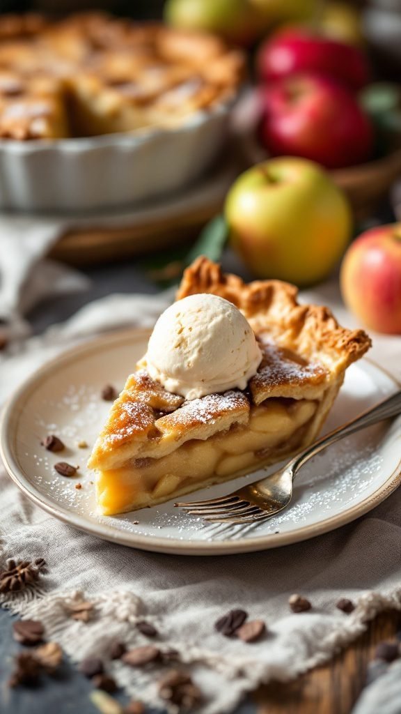 A slice of Aomori apple pie on a plate, topped with ice cream, surrounded by apples.