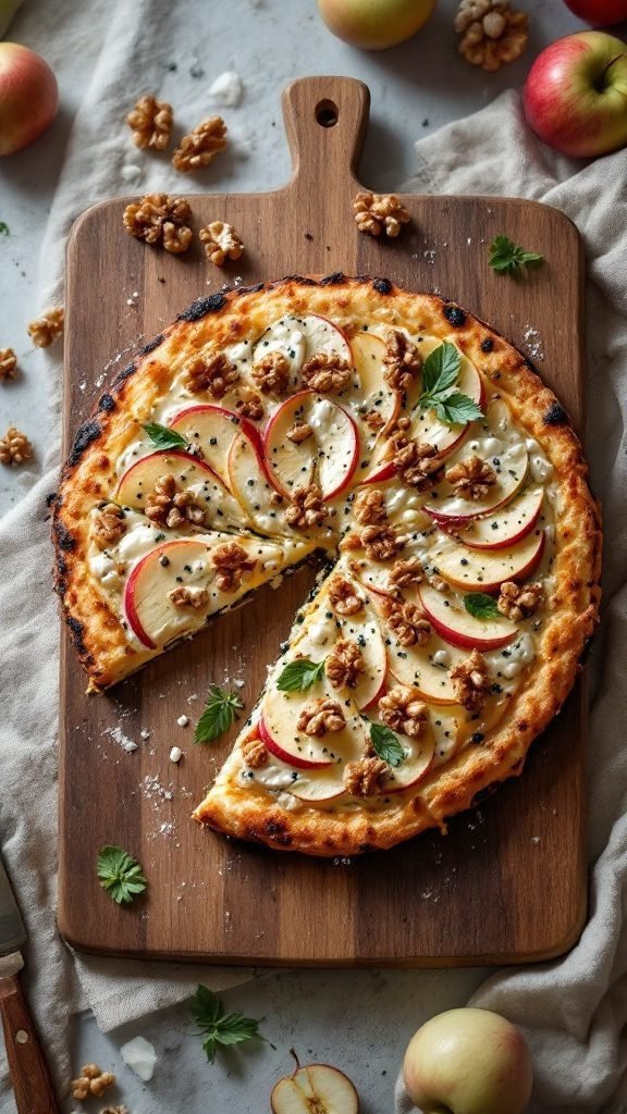 Delicious apple and blue cheese pizza topped with walnuts on a wooden board.