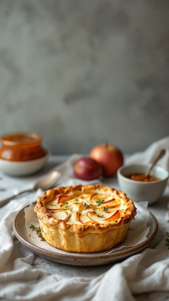 A golden-crusted apple and cheese pot pie garnished with thyme.