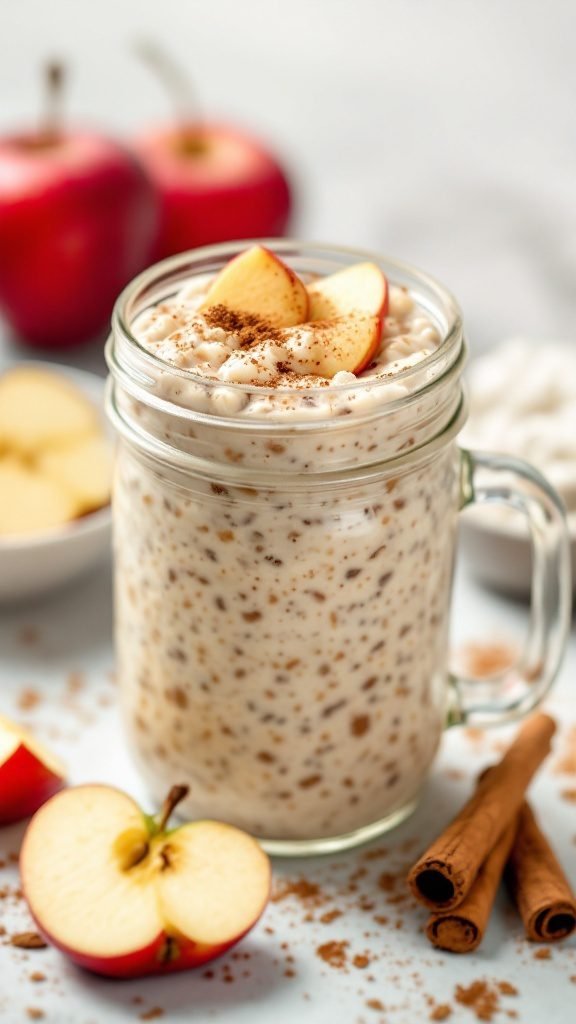A jar of apple cinnamon overnight oats topped with apple slices and cinnamon.