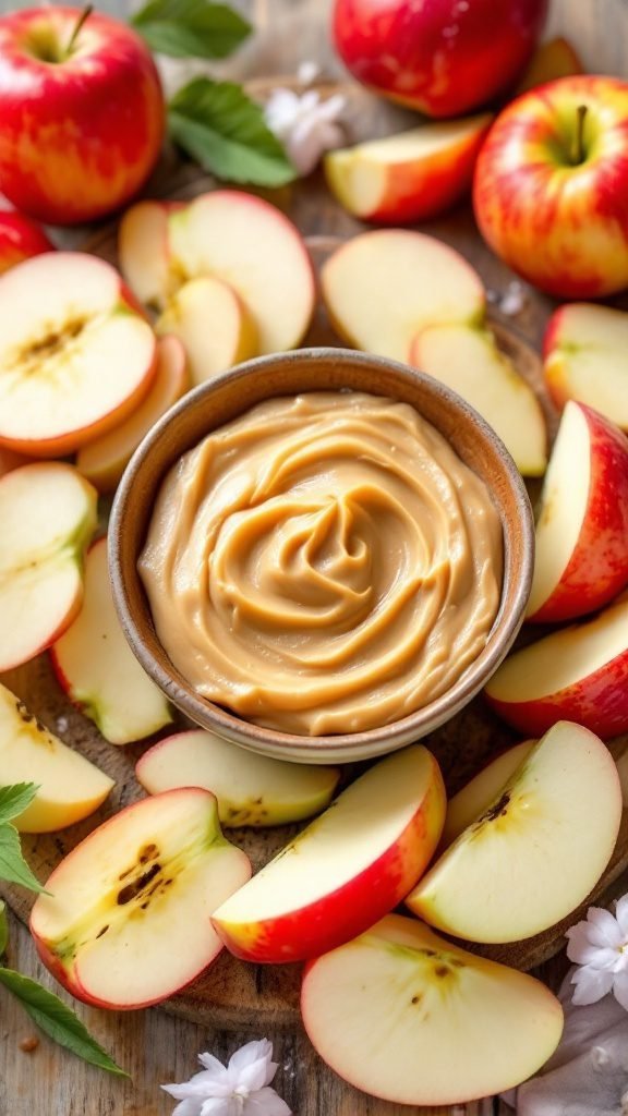 Sliced apples with almond butter in a bowl