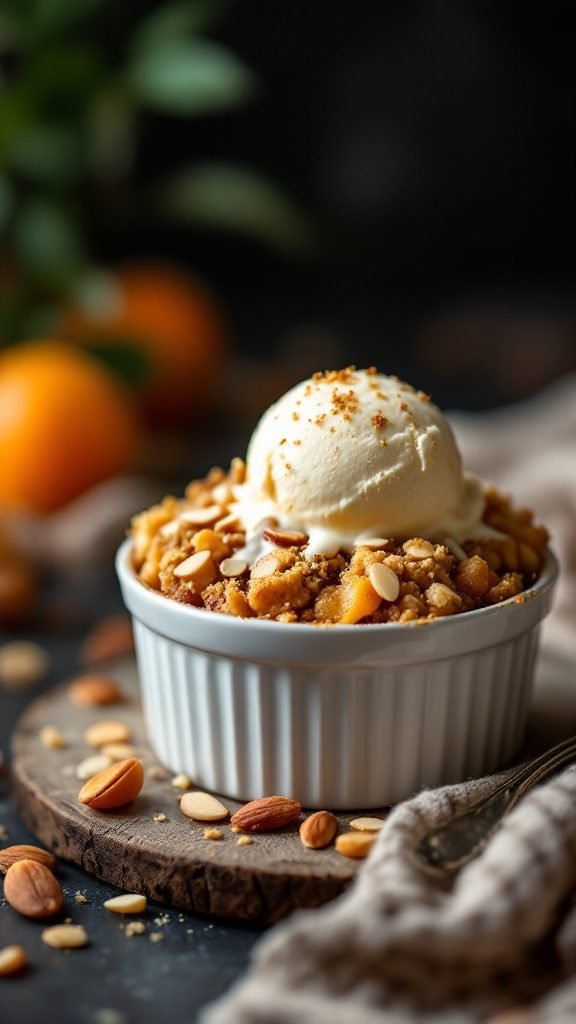 Apricot almond crumble dessert served in a white bowl with ice cream on top