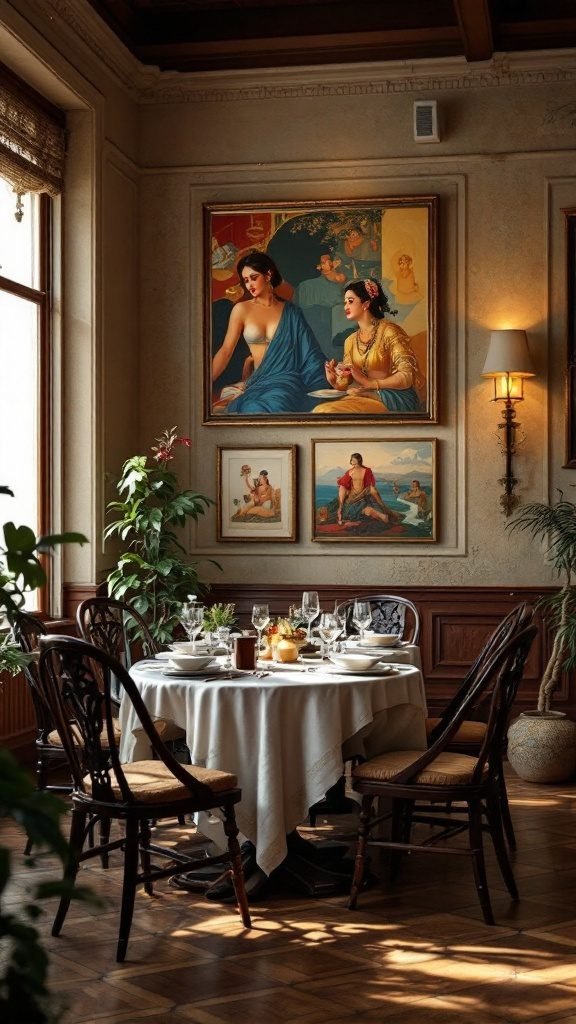 A stylish modern dining room featuring elegant artwork, a round table, and cozy seating.