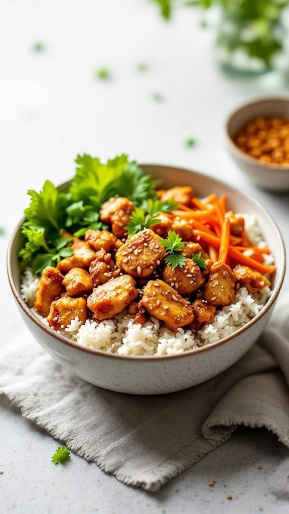 A bowl of Asian sesame chicken rice with carrots and cilantro.