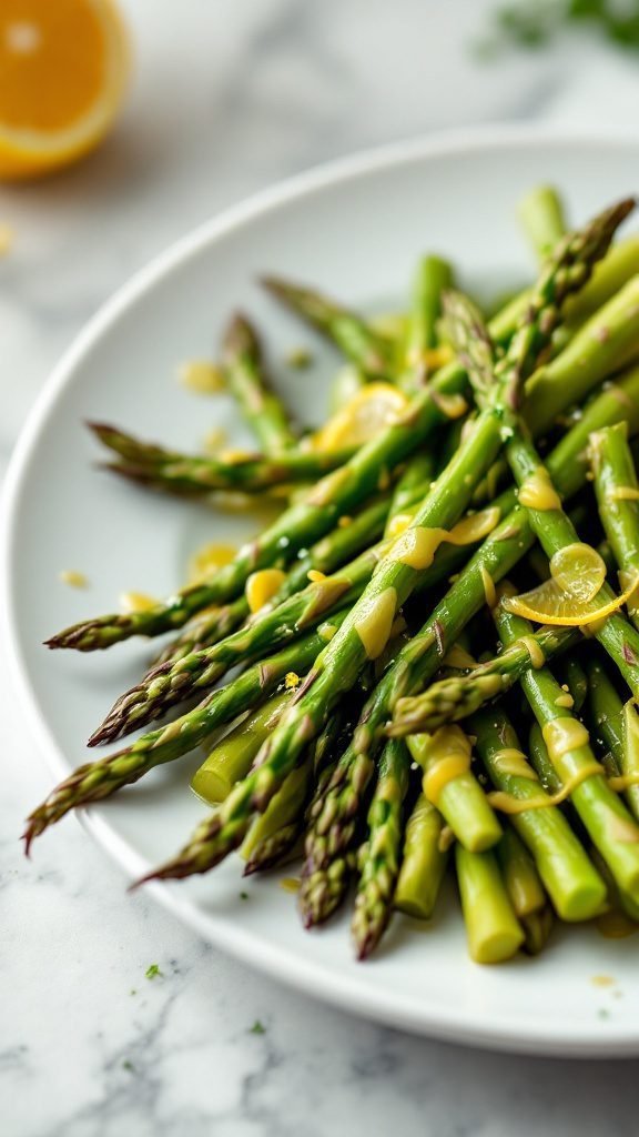 Cooked asparagus drizzled with lemon butter sauce, garnished with lemon slices