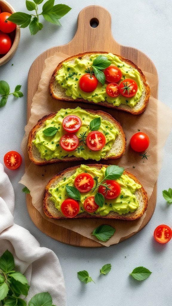 Avocado toast bites with tomatoes and basil on a wooden board.