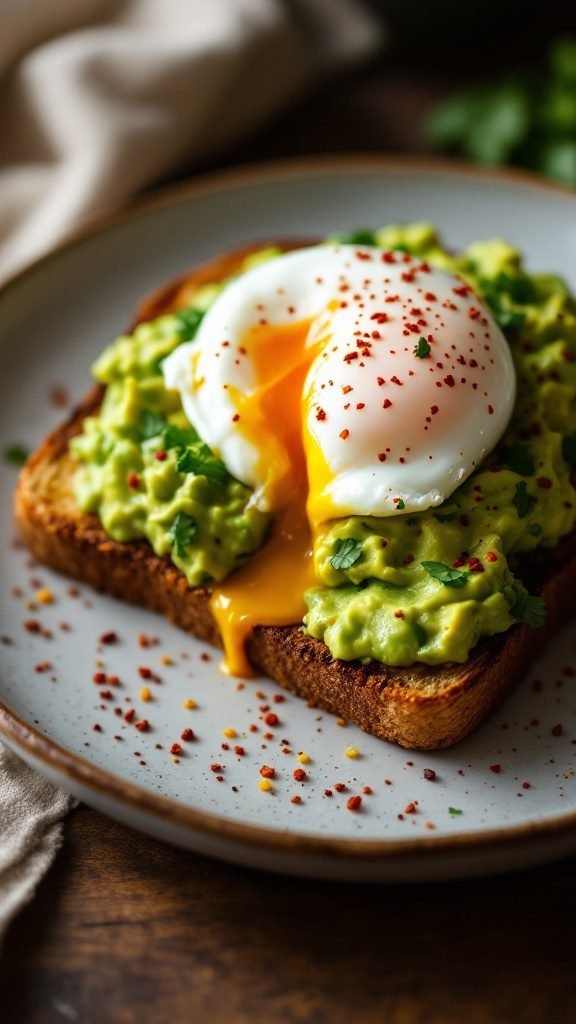 A delicious plate of avocado toast topped with a poached egg, garnished with herbs and chili flakes.
