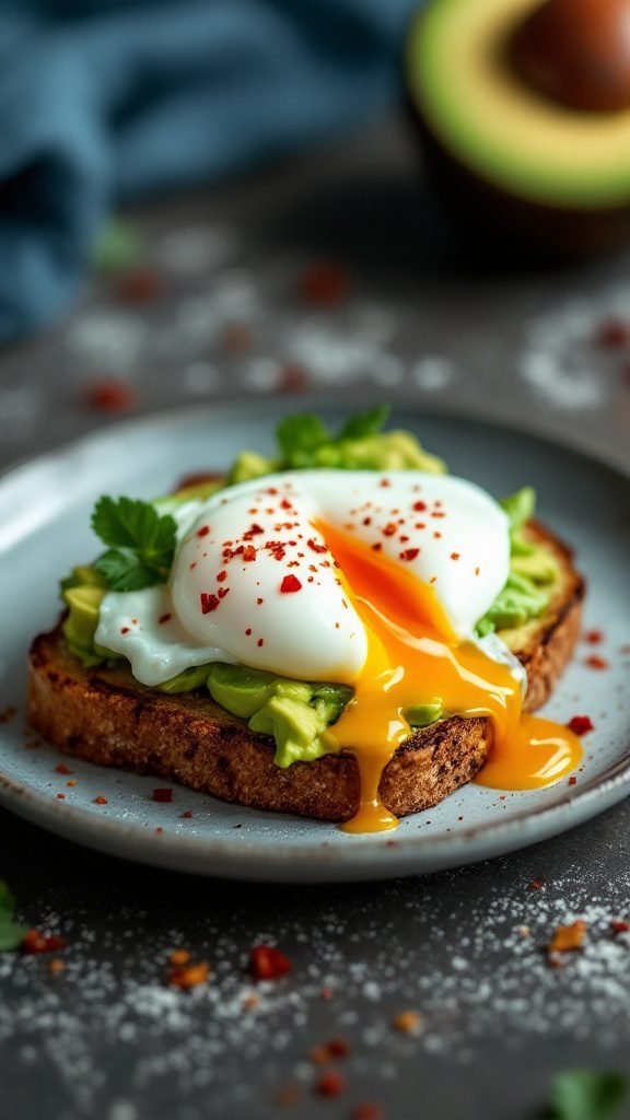 A plate of avocado toast topped with poached eggs and garnished with herbs and chili flakes.