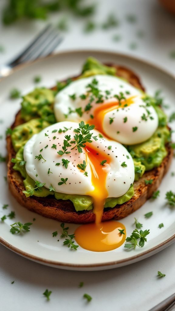 Avocado toast topped with poached eggs and fresh herbs on a plate