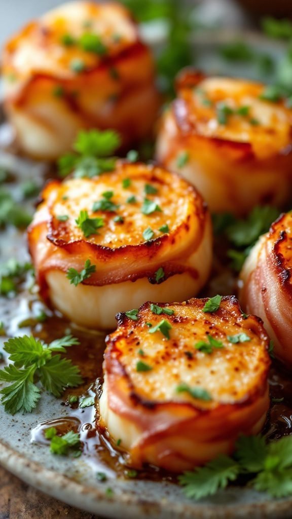 Bacon-wrapped scallops garnished with parsley