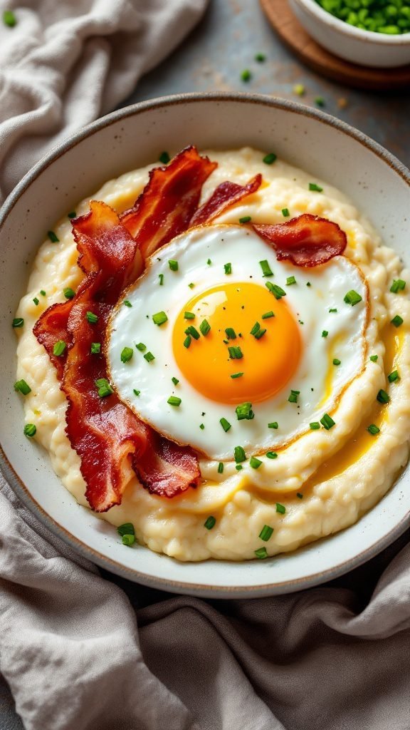 A bowl of creamy grits topped with crispy bacon and a fried egg, garnished with chives.