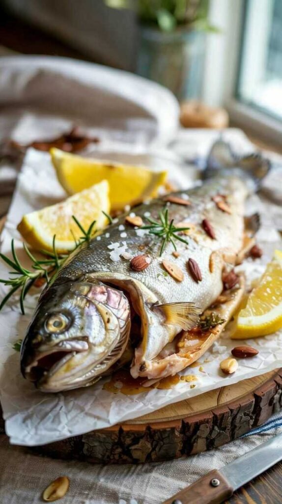 A plate of baked trout garnished with almonds and lemon slices
