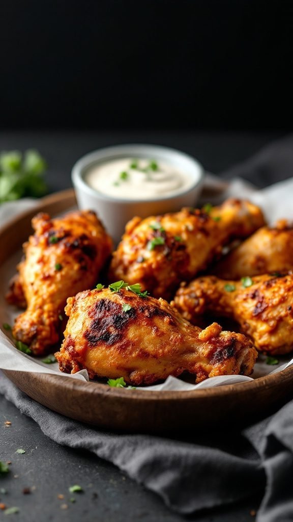 A plate of crispy baked chicken drumsticks served with a dip and garnished with parsley.