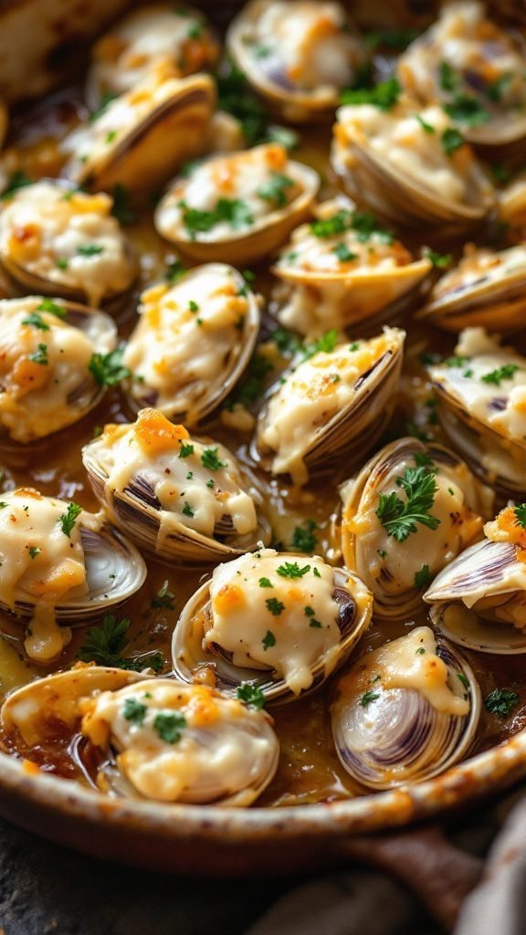 Baked clams topped with garlic and cheese.
