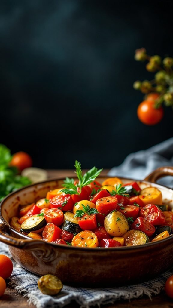 A vibrant dish of Baked Ratatouille featuring colorful vegetables