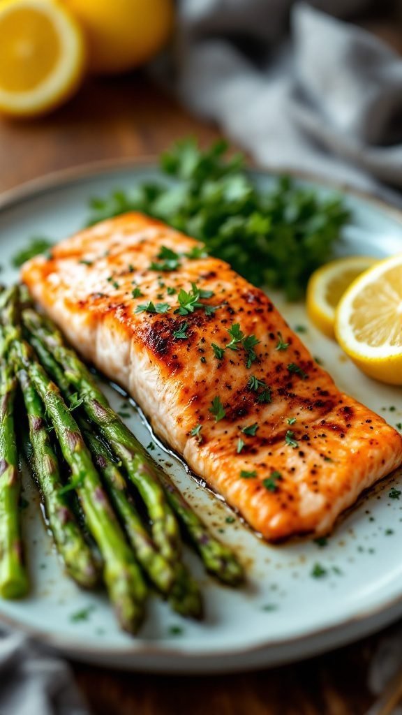 Baked salmon fillet with asparagus and lemon slices on a plate.
