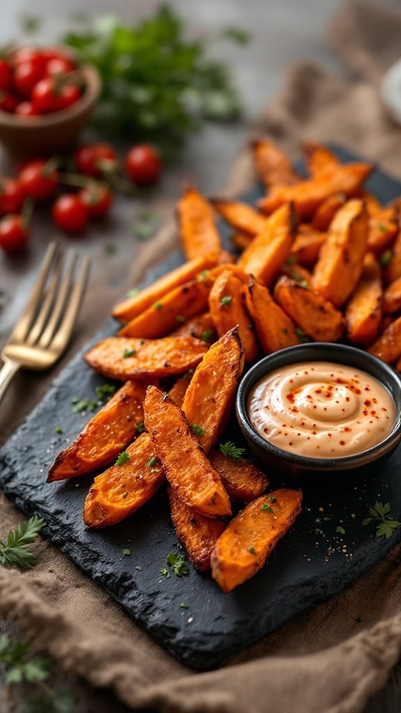 Baked Sweet Potato Fries on a black slate platter with a dipping sauce.