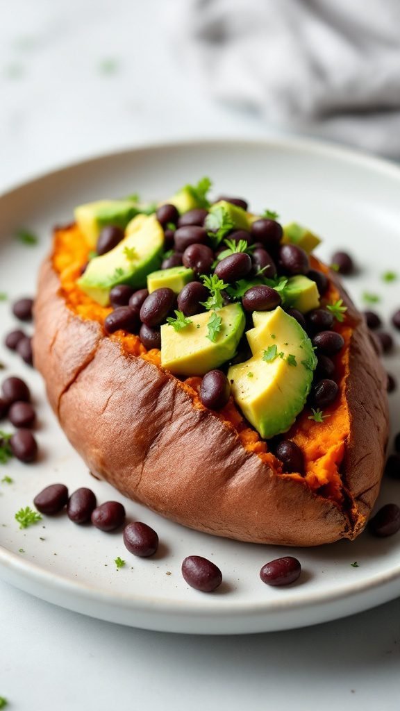 Baked sweet potato topped with black beans and avocado.