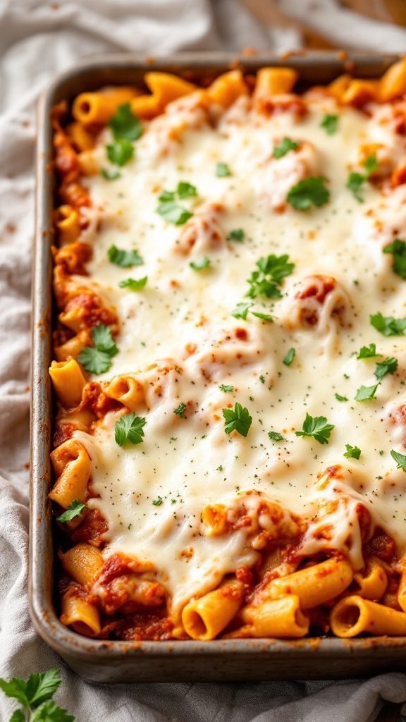 A delicious baked ziti dish topped with melted mozzarella and fresh parsley.