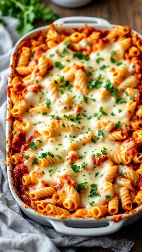 Baked Ziti with Ricotta in a baking dish topped with melted cheese and parsley.