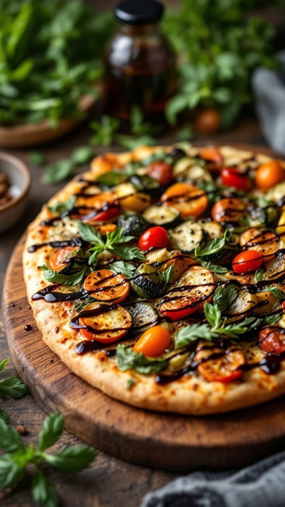 Balsamic roasted vegetable pizza with fresh ingredients