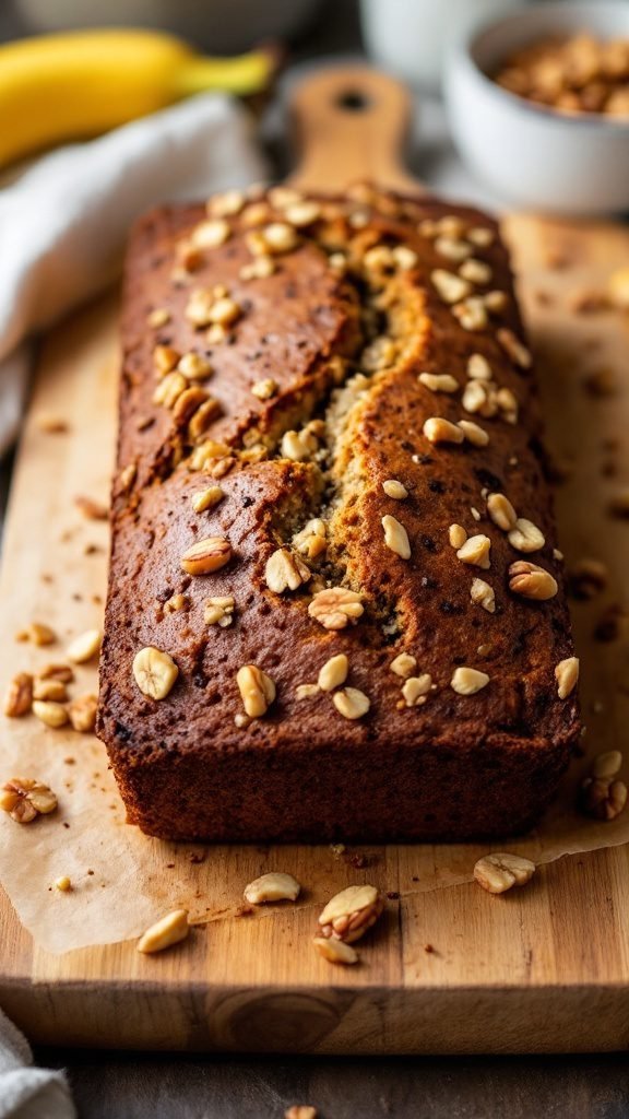 Banana bread with nuts on a wooden cutting board.