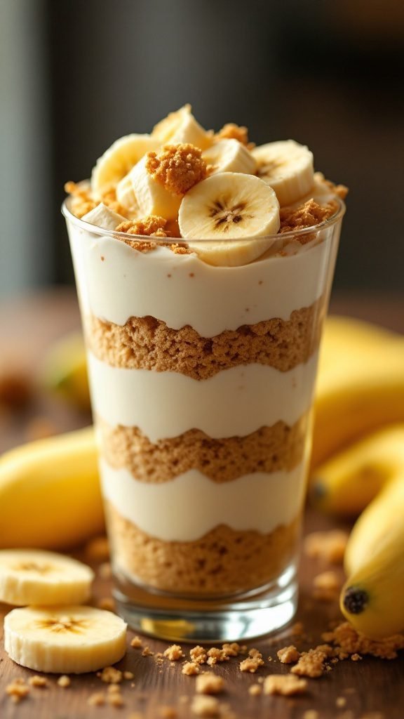 A delicious banana cream parfait with layers of yogurt, bananas, and granola