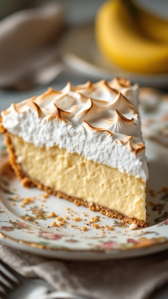 A slice of banana cream pie with toasted meringue on a decorative plate.