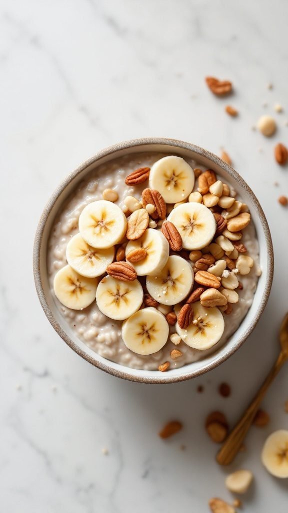 A bowl of creamy banana nut overnight oats topped with sliced bananas and various nuts.