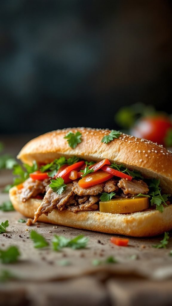 A delicious Banh Mi sandwich filled with marinated pork, fresh vegetables, and herbs.