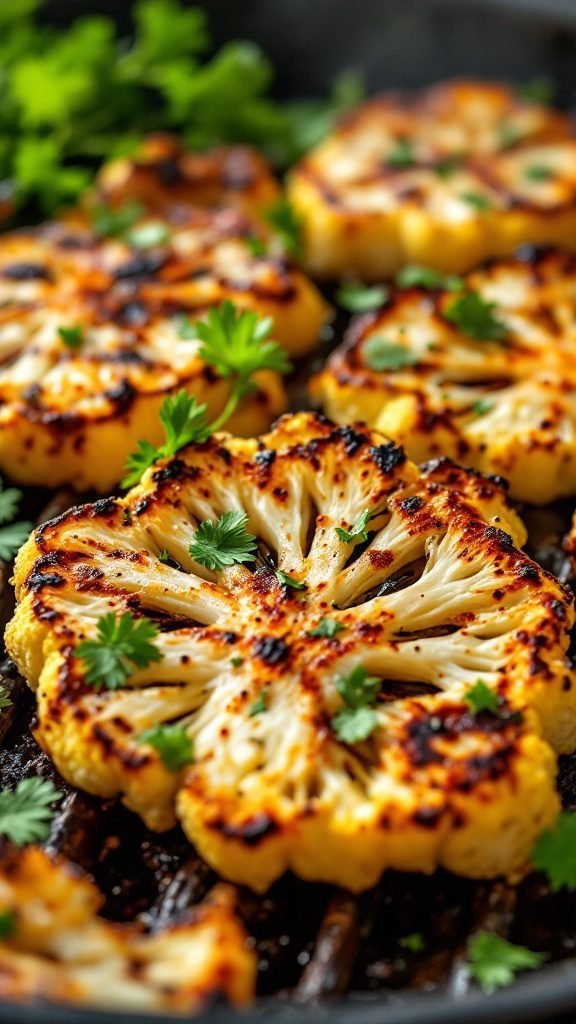 Grilled cauliflower steaks seasoned with herbs