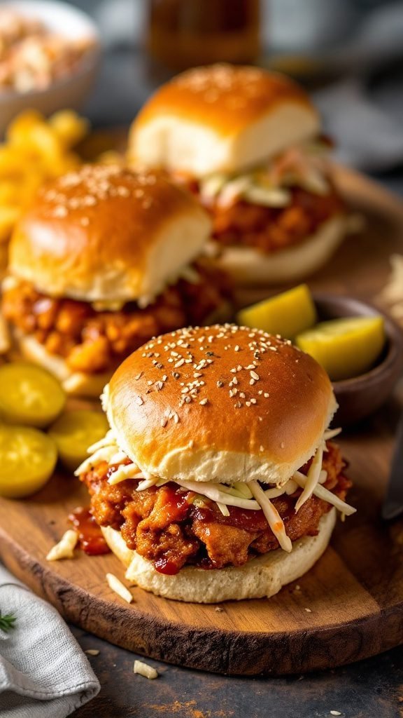 BBQ chicken sliders on a wooden platter with pickles and coleslaw.
