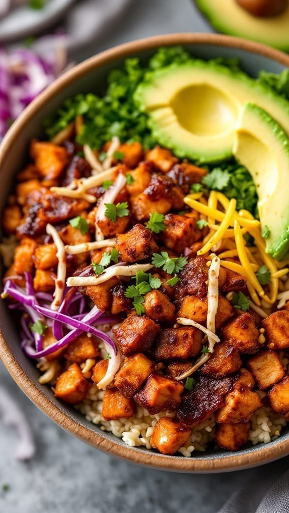 A delicious BBQ Jackfruit Rice Bowl with avocado, shredded cabbage, and cilantro.