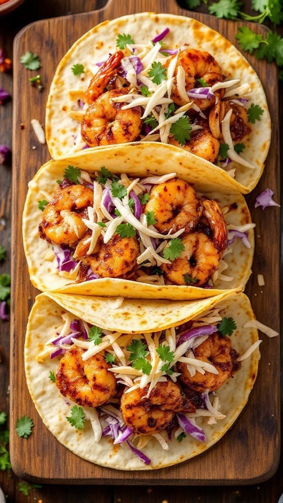 Delicious BBQ shrimp tacos topped with slaw and cilantro
