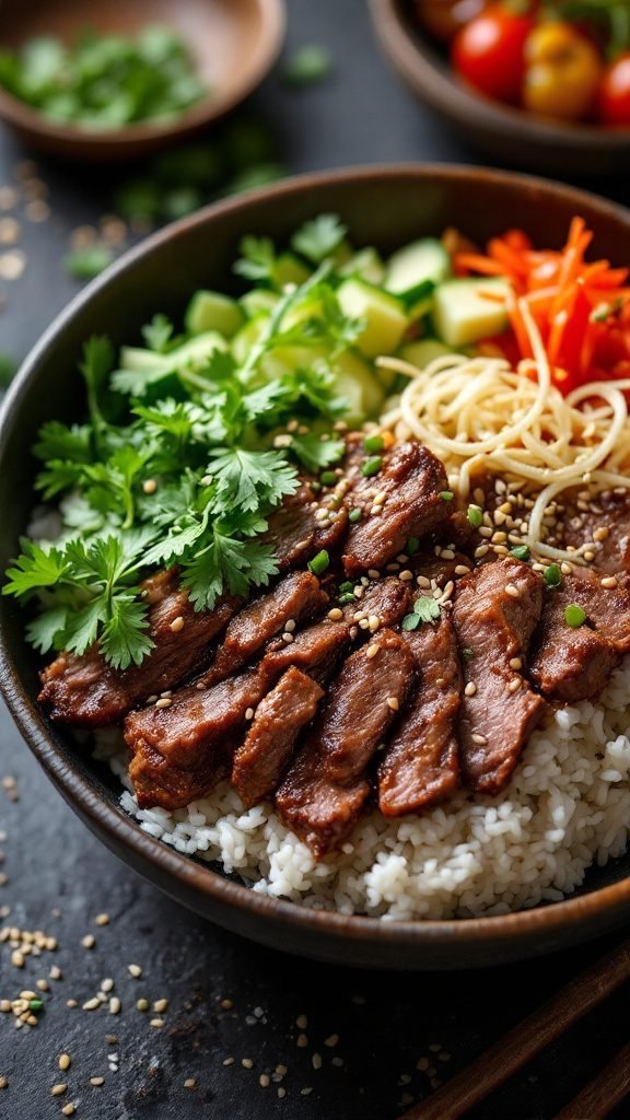 A delicious Beef Bulgogi Rice Bowl with marinated beef, fresh vegetables, and garnishes.