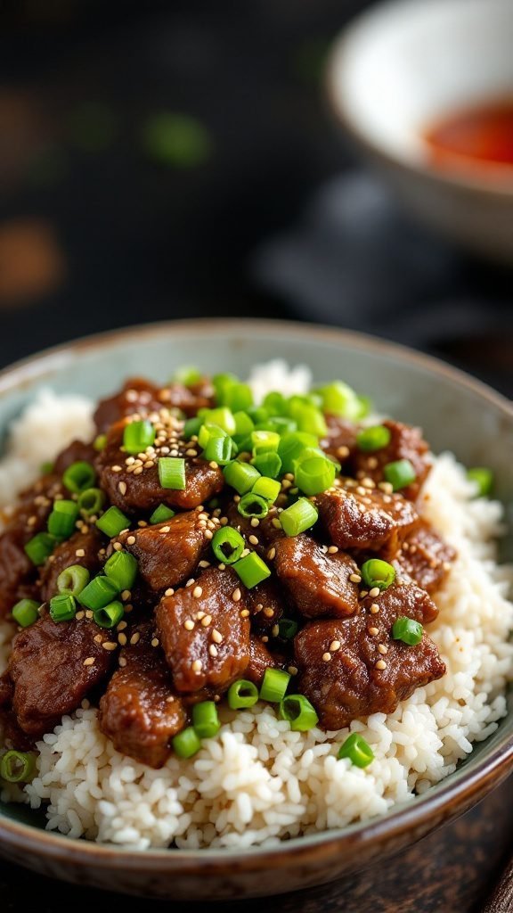 A bowl of beef bulgogi served over rice, topped with green onions and sesame seeds.