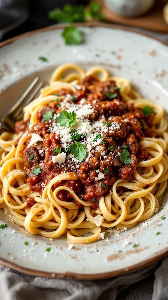 A plate of Beef Ragu Tagliatelle topped with herbs and cheese.