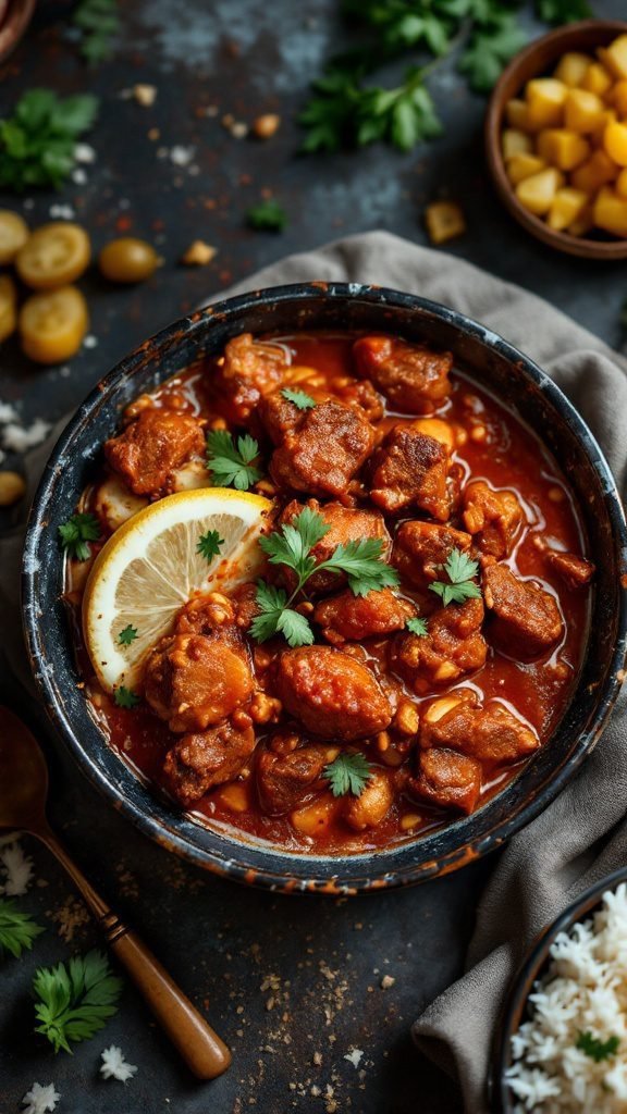 A bowl of Beef Vindaloo curry with garnishes.