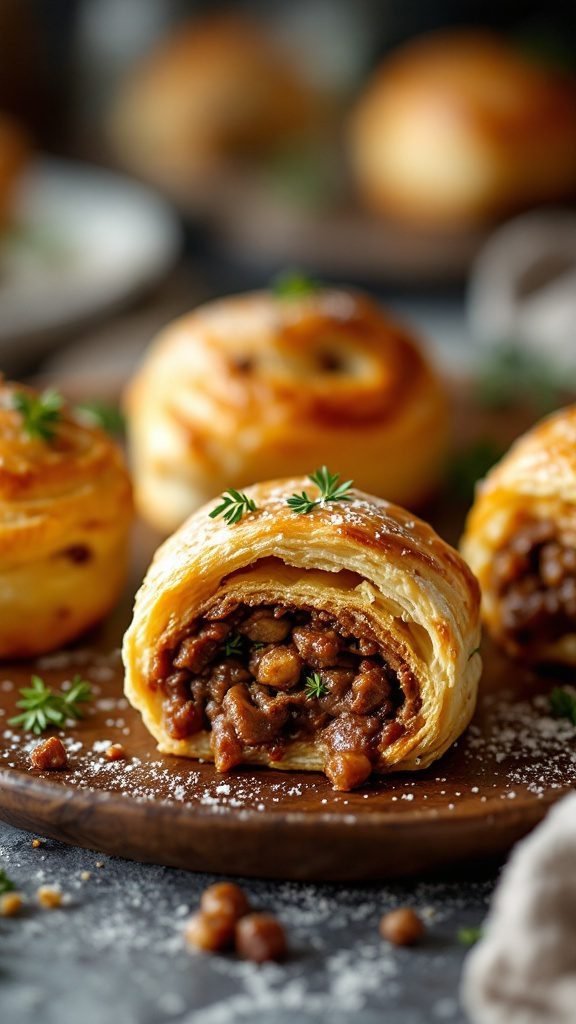 Golden beef wellington bites on a wooden board, garnished with herbs.